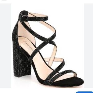 Antonio Melani Tess Black Sequin Block Heel Strap Shoes Size 9 New strappy